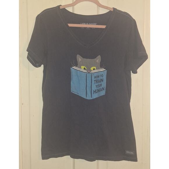 Life Is Good Kitty Cat How To Train Your Human Blue T-Shirt Size Medium - Picture 1 of 4